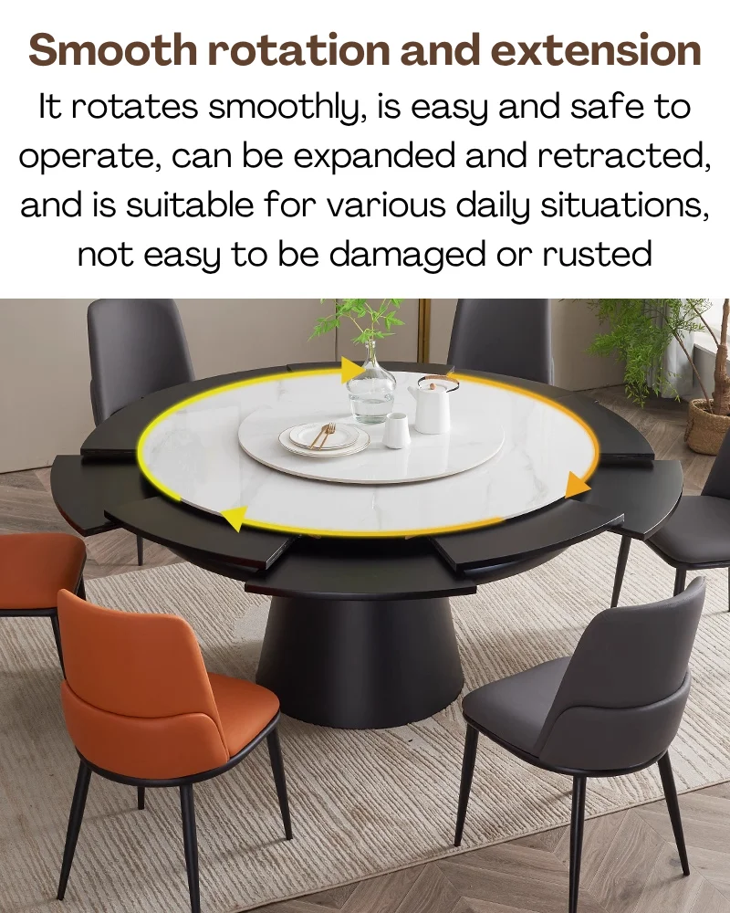 Retro Elegant Practical Wooden Tabletop Metal Base Turntable Expandable Dining Table Dining Room Restaurant Reception Room Hotel