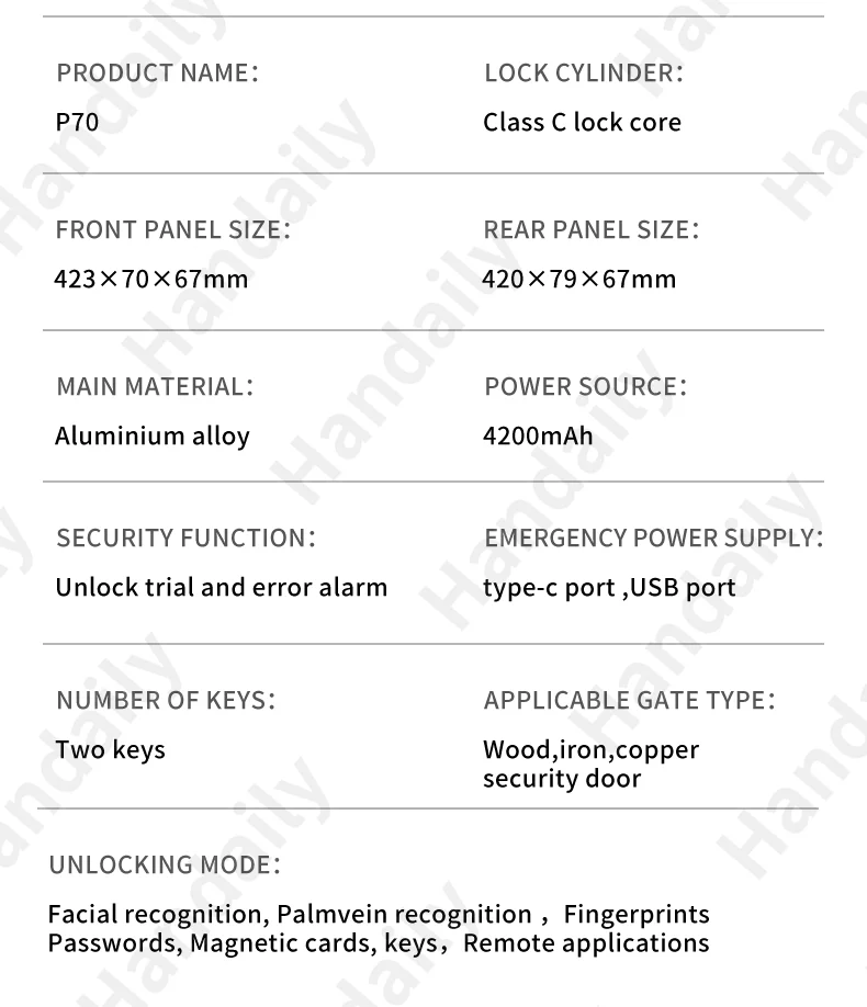 handaily video intercom tuya palm vein smart door lock smart door lock fingerprint password cerraduras for main gate p70-10