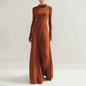 ZYHT 70131 Floral Neckline a Line Pleated Elegant Brown Party Long Dress Women Fashion Fit Maxi Long Sleeve Evening Dress Luxury