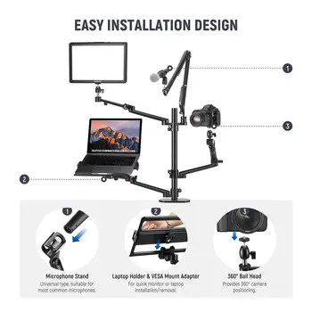 NEEWER DS007 Overhead Camera Stand Desk Mount Rig with 4 Arms for Photography Video Light Ring Light Phone Mount Webcam Mic detail image