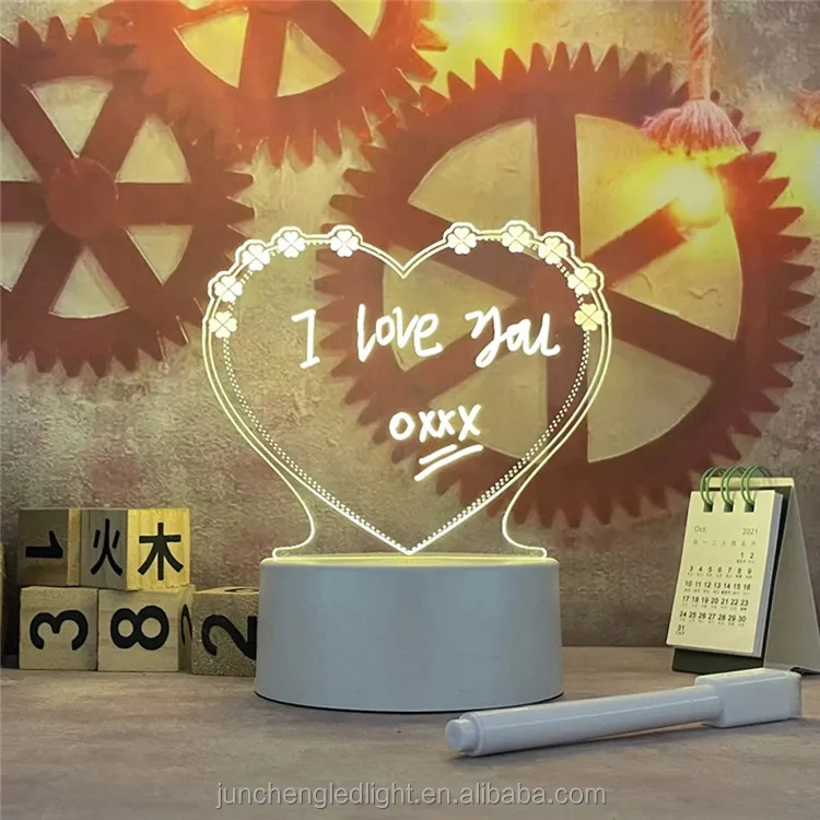 Lampada LED Bacheca Messaggi In Acrilico A Forma Di Cuore - Luce Notturna USB Con Penna Cancellabile