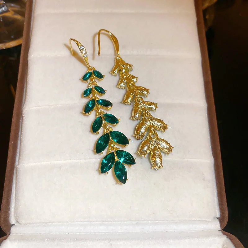 Fresh flash green leaf ear hook light luxury personality temperament earrings