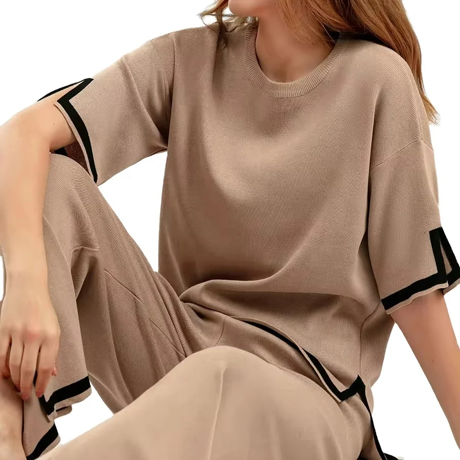 2024 Wholesale Temperament Contrast Color Split Short Sleeve Sweater High Wais Slimming Wide Leg Long Pants Two Pieces Set