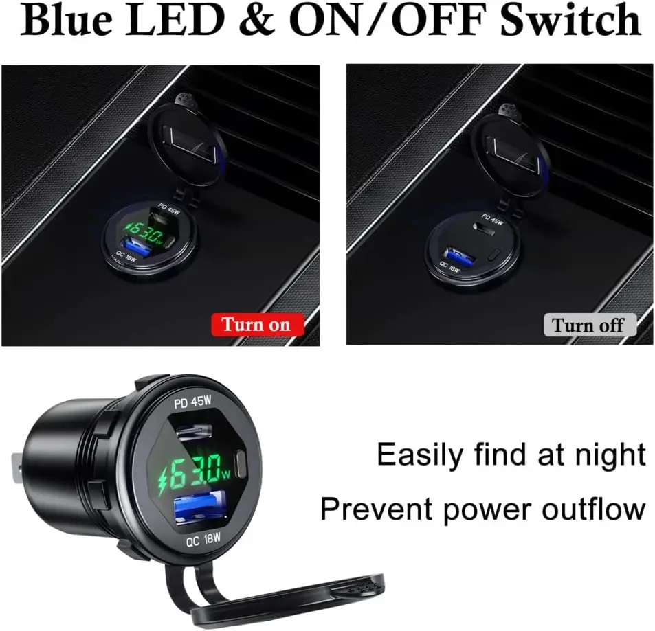 USB C Car Charger Socket 12V/24V USB Outlet 45W PD Type C & 18W QC 3.0 Car Dual USB Port with LED Voltmeter & Button Switch