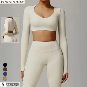 YISHENHON Women's Lightweight Slimming Crop Top Long Sleeve Yoga Top Quick Dry V-Neck T-Shirt for Running Sports Plus Size