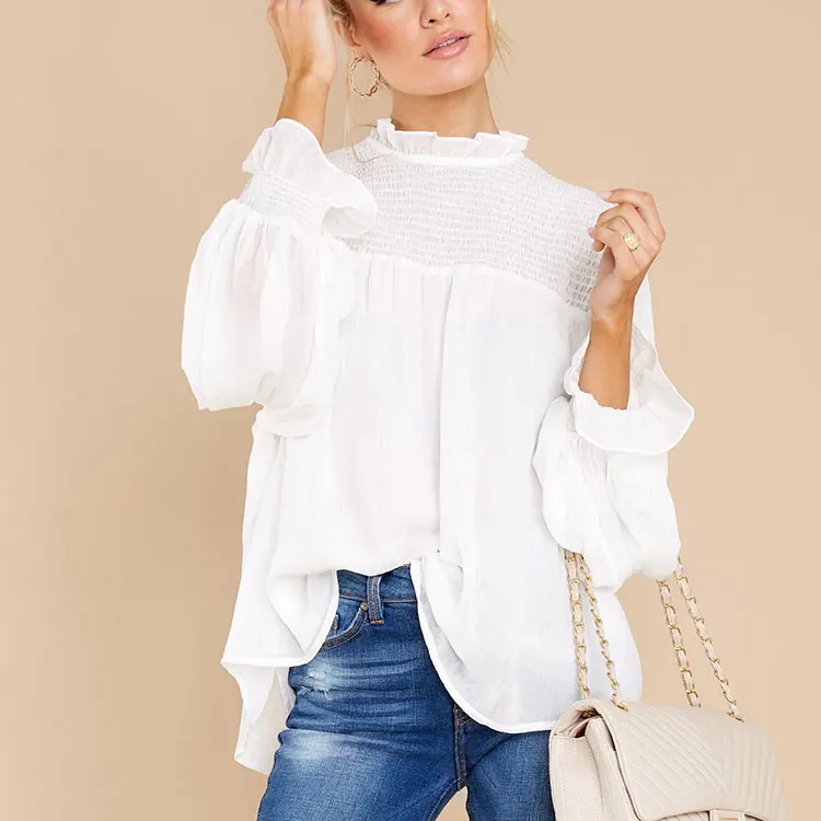 Blusa De Oficina De Color Liso Para Mujer,Blusa Elegante De Manga Larga  Drapeada Con Volantes Redondos Y Hombros Descubiertos,Blusa Formal Blanca -  Buy De Manga Larga De Color Crema Blusa,Ropa De Trabajo