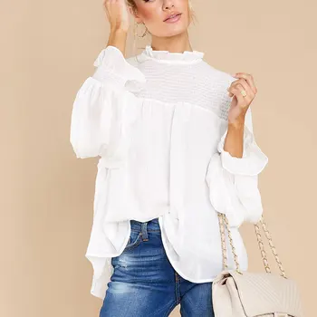 solid color smocked round ruffle shoulder chic office blouse long draped sleeve white women formal top shirt blouse