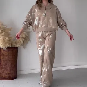 2025 Autumn Sequins Print Coat Trousers Suit Women Zipper Casual Long Sleeve Female Coats 2 Pieces Set High Waist Pant Lady Sets