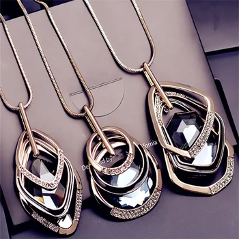 Rhinestone Long Vintage Punk Triangle Square Oval Crystal Glass Pendant Necklaces Women's Jewelry