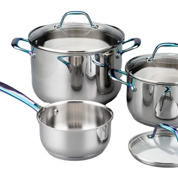 stainless steel body, rainbow PVD handles, glass lid series 6pcs cookware set