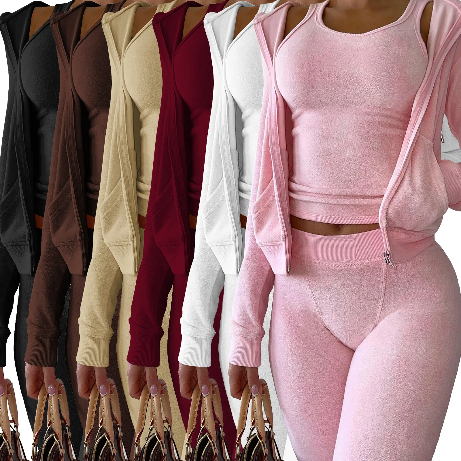 Custom Logo Skinny Vest Top Long Sleeve Coat Leggings High Stretchy Sport Outfits Ribbed Cozy Jogger 3 Piece Set Women Clothing