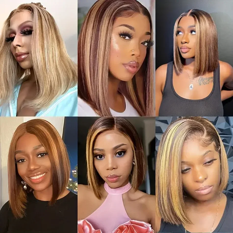 100% Human Hair Straight Short Bob Wigs Highlight 4/27 Peruvian Remy Human Hair Lace Wig for Women Daily Use_voghion.com