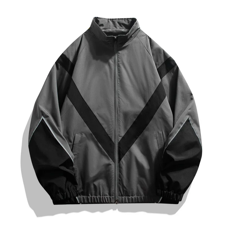 Reflective striped color-blocked windproof stand-up collar jacket, unisex casual everyday wear.
