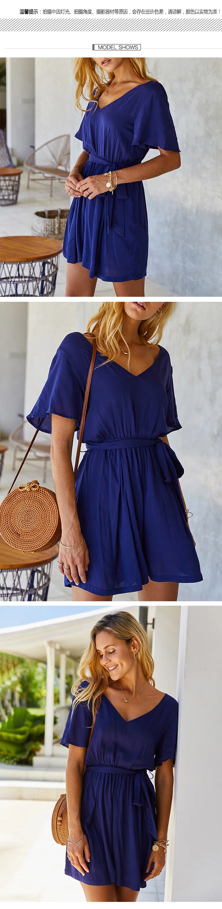Designer Model hot sale item Summer cotton V-neck short flounce sleeves waist belted solid short jumpsuit