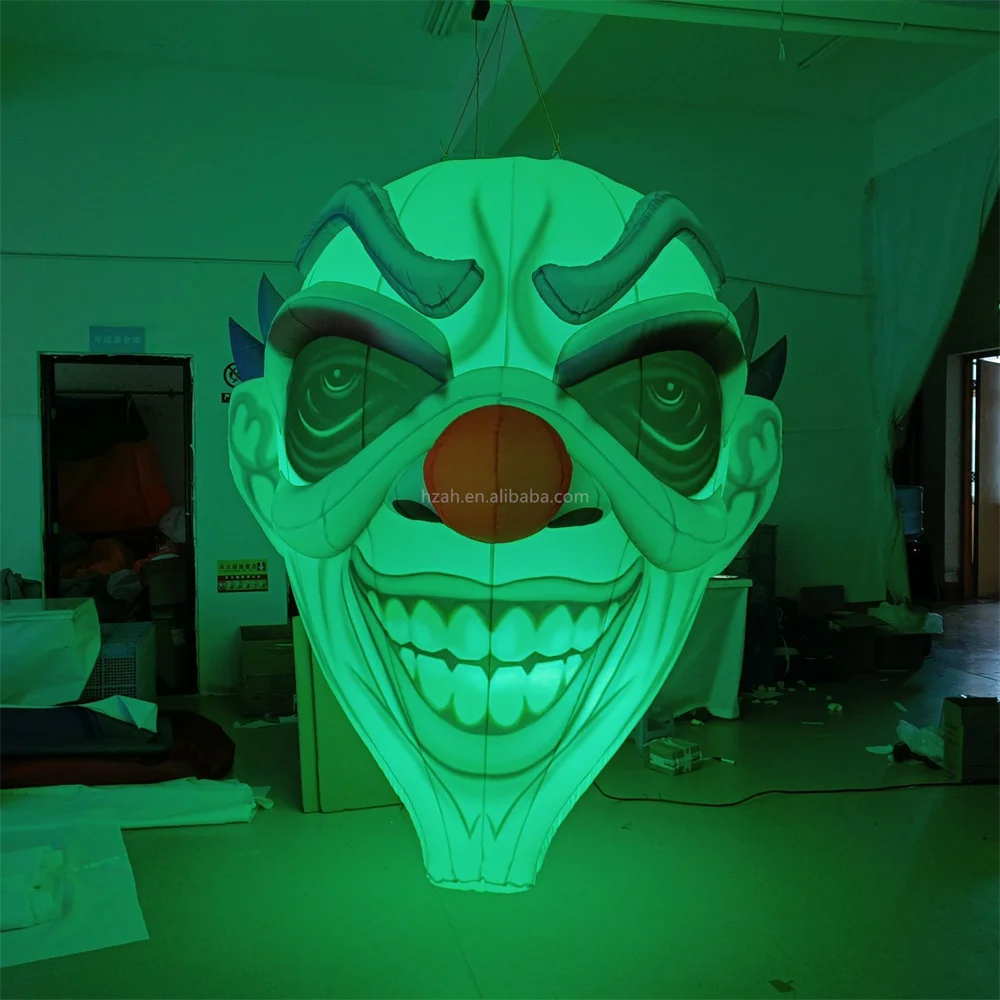 Halloween Inflatable Clown Decoration Light up Air-Blown Scary Clown with Led Lights Hanging Display