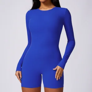 Custom One Piece Yoga Gym Workout Sports Shorts Long Sleeve Backless Romper v Cut Scrunch Jumpsuit for Women