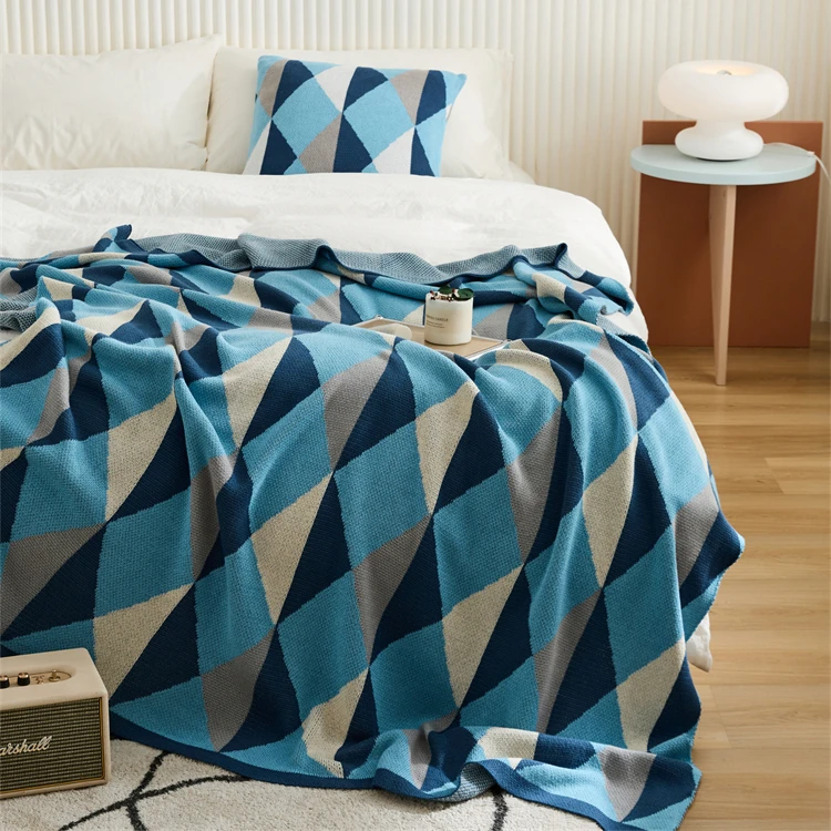 Super Cozy 100% Cotton Blanket  Geometric Jacquard  Knitted Throw Blanket For Home Decoration Sofa And Office MY factory