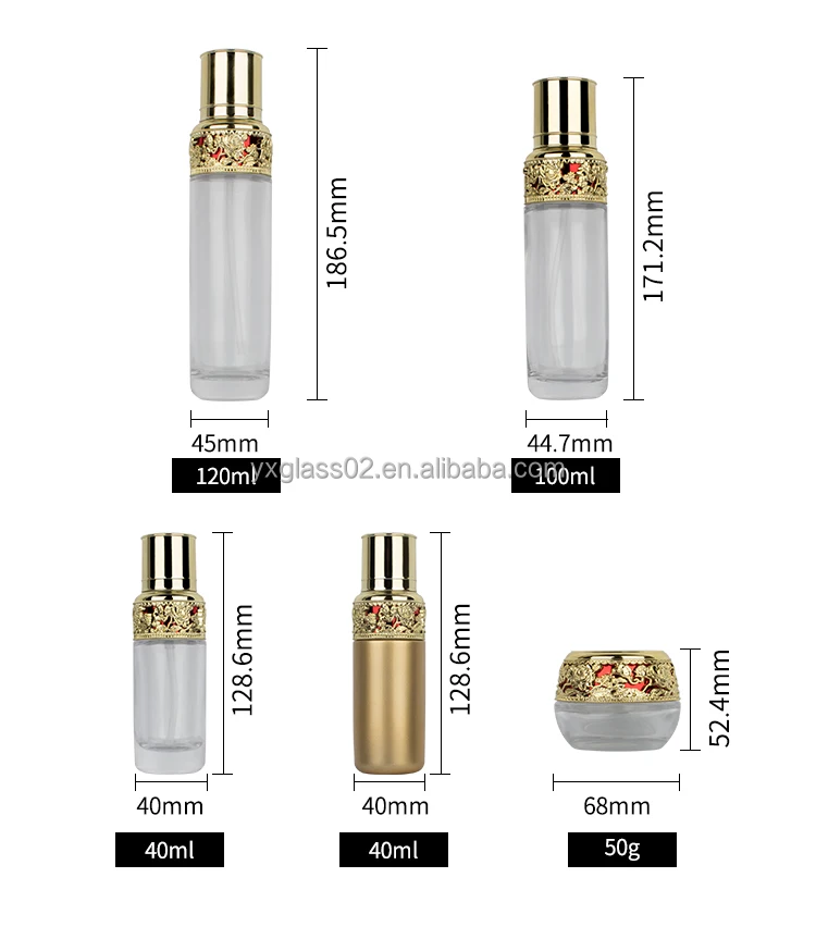 Cosmetic glass bottle set skincare cosmetic packaging container with Luxury 30g 50g 40ml 120ml 150ml glass bottle serum details