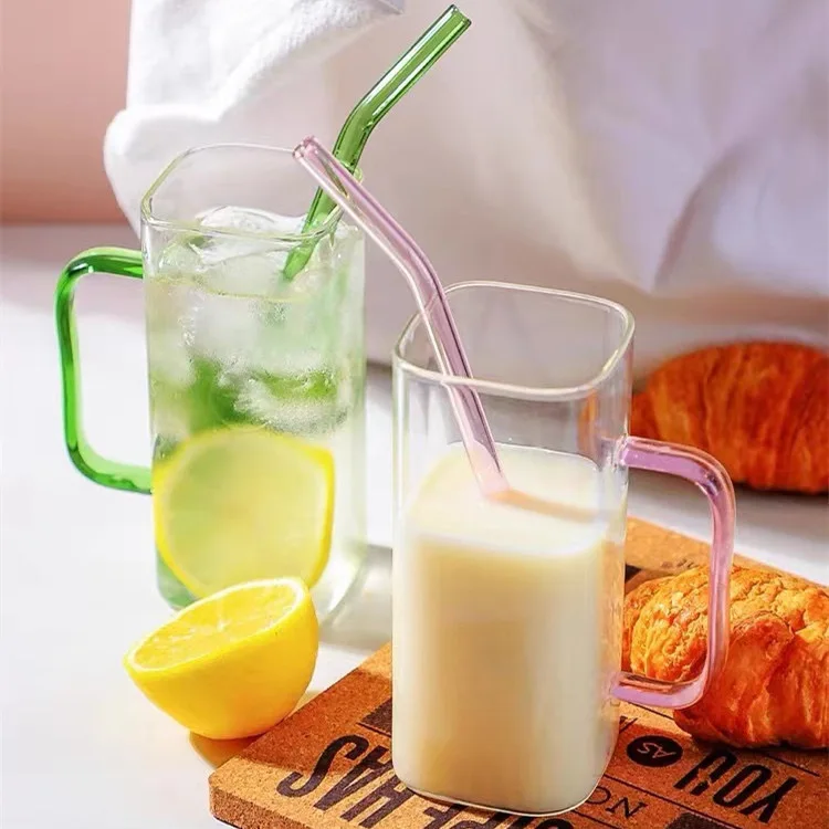 400ml Home Use Square High Borosilicate Glass Straw Cup with Colorful Handle - Perfect for Cold Drinks, Juices, and Milk