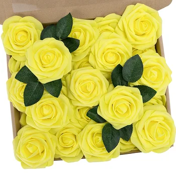 25PCS Yellow Real Touch Foam Roses Artificial Roses with Stems Artificial Flowers for DIY Bridal Bouquets Valentine's Day