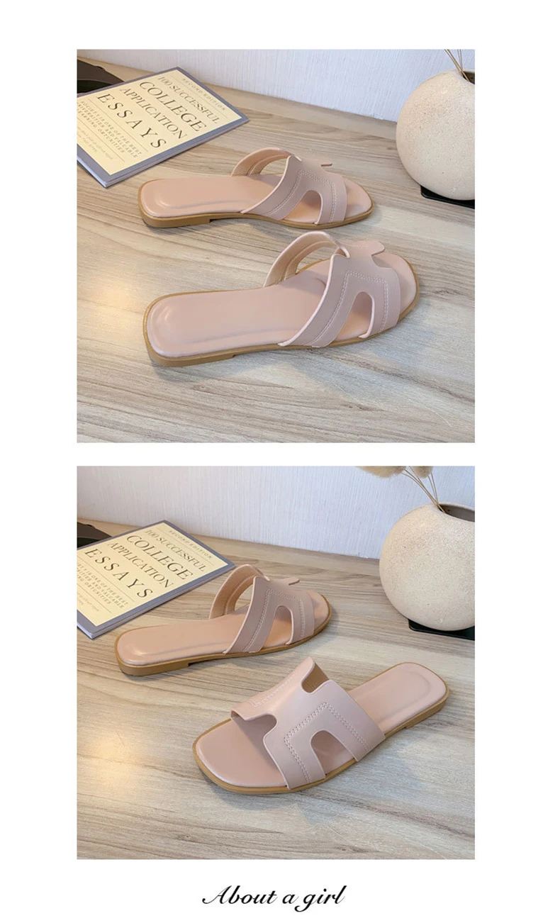 Wholesale fashion women leather slippers ladies flat slide sandals