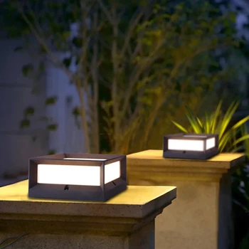 Modern Outdoor Waterproof Square Gate Fence Garden Post Led Solar Pillar Light Flat Surface Patio Garden Decoration