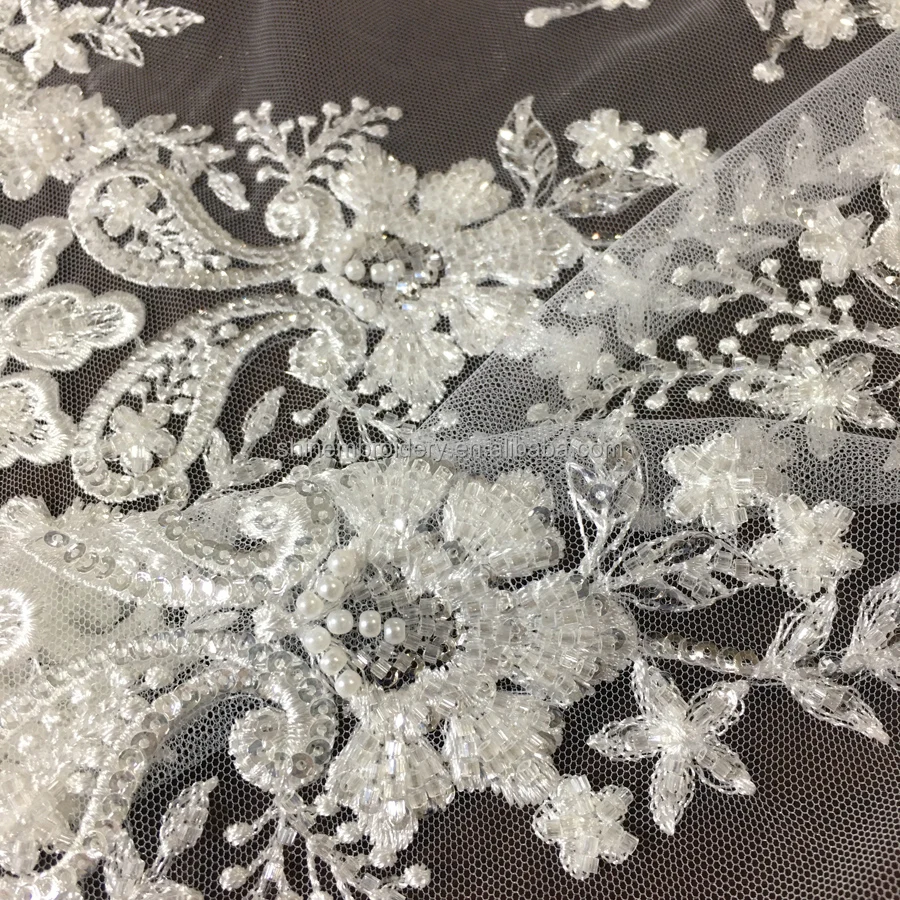 White Bridal Embroidery Beaded Sequin Embroidered Lace Fabric For ...