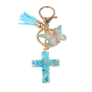 Factory wholesale tassel butterfly cross keychain handbag pendant resin colourful key chain for women