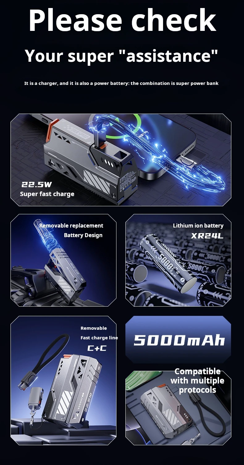 High Quality Replaceable Battery Detachable Mobile Power Fast Charging Cable Mecha Power Bank