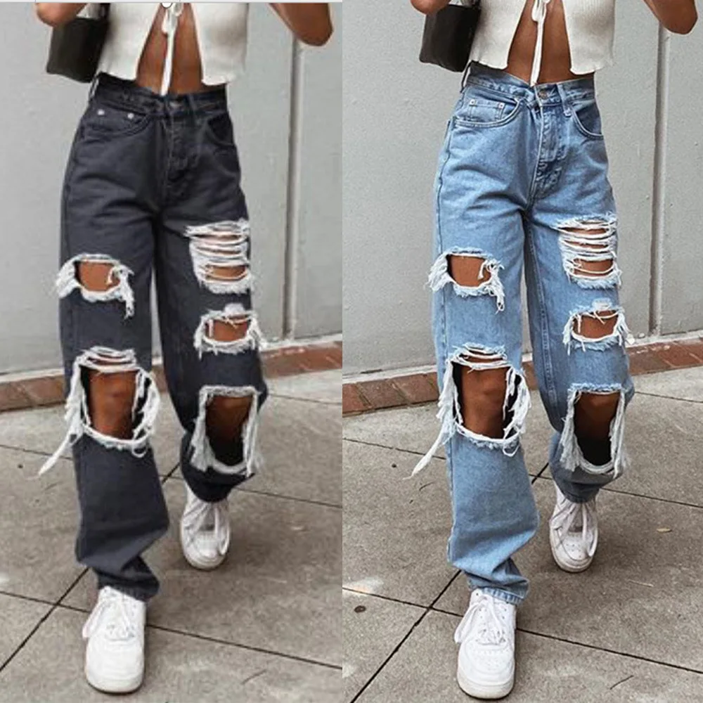 Women's Jeans Sexy Distressed Holes Ripped Blue Jeans Women Fashion Straight Long Trousers_voghion.com