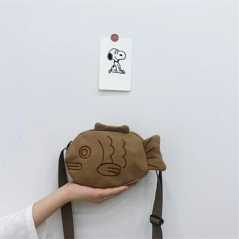2024 Japanese Creative Soft Canvas Messenger Bag for Girls Cute Cartoon Embroidered Small Fish Stone Pattern Ugly Cute Handbag