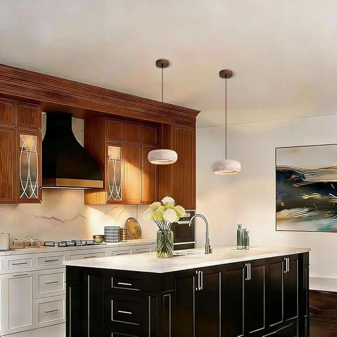 Wabi-sabi Vintage Natural Round Travertine Led Pendant Light for Bedroom Hallway Dinner Table