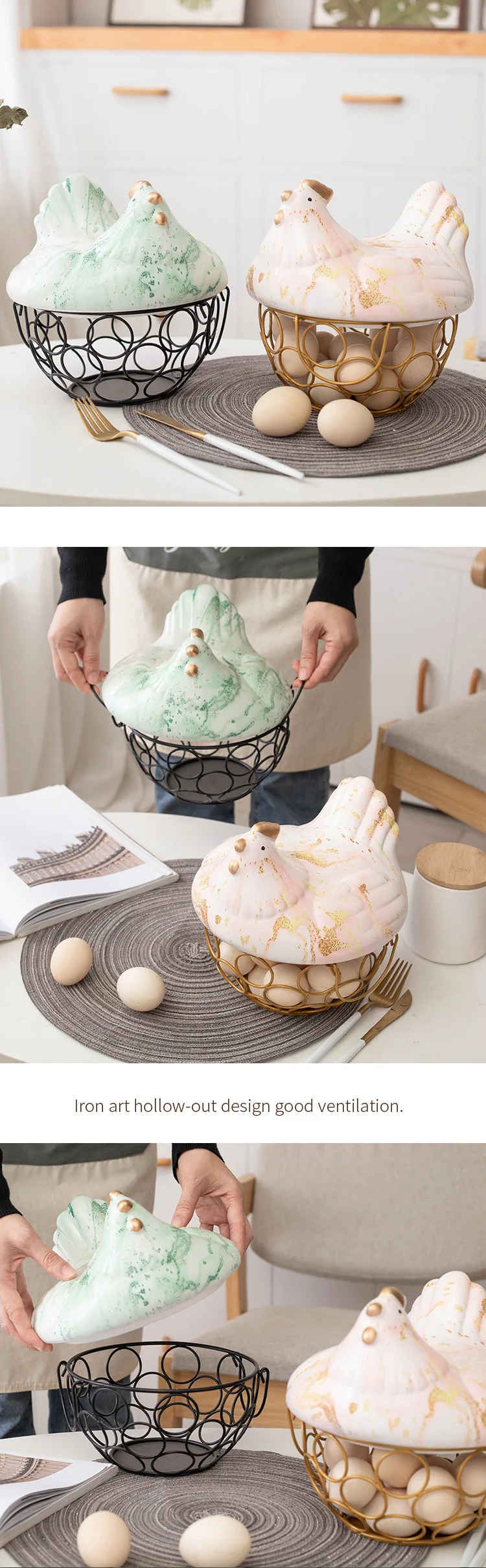 New Arrivals Egg Basket Wire Ceramic Egg Basket Marble Design Chicken