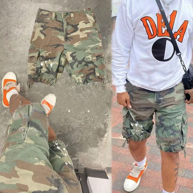 High Street Fashion Elastic Waist Jean Shorts Men Manufacturer Custom Logo Distressed Shorts Denim Camouflage Camo Cargo Shorts