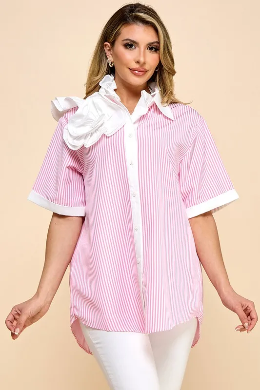 Ladies Striped Solid Color Fabric Casual Shirt - Image 4
