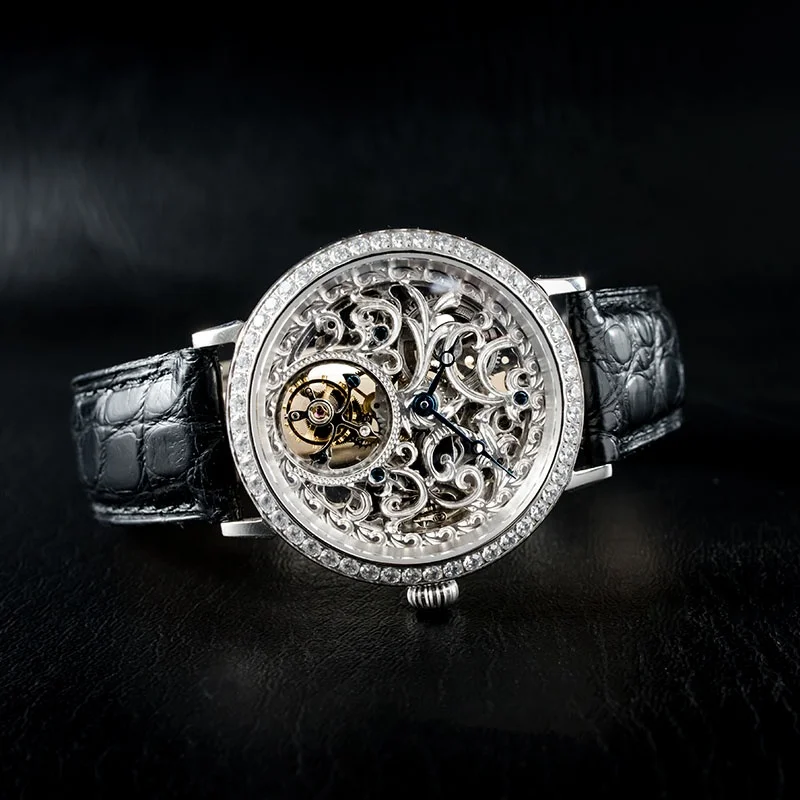 Free Ship Stock Luxury Carved Seagull 8000k Movement Skeleton Tourbillon Mechanical Diamond Sapphire Manual Winding Watch Man
