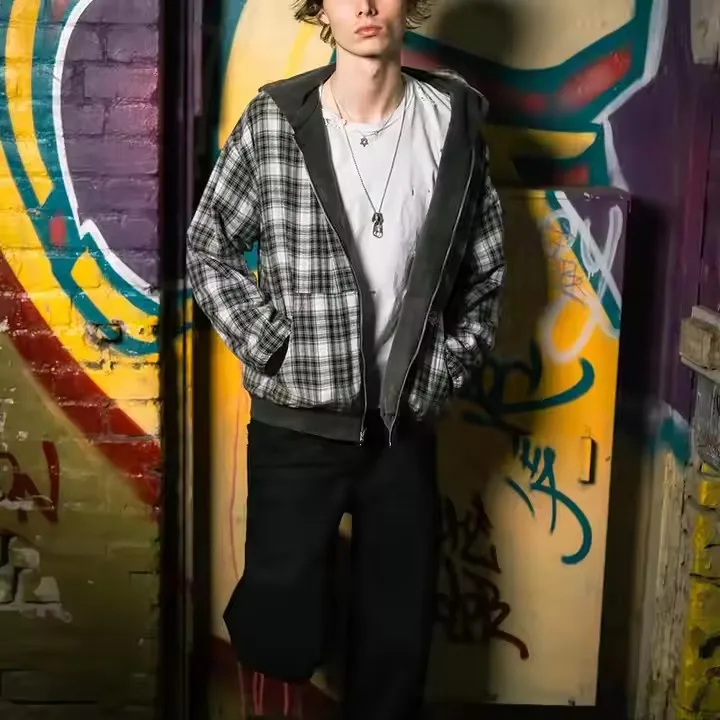 Custom Reversible Zip up Design Double Side Flannel Inside French Terry 100% Cotton Outside Vintage Stone Washed Hoodies for Men
