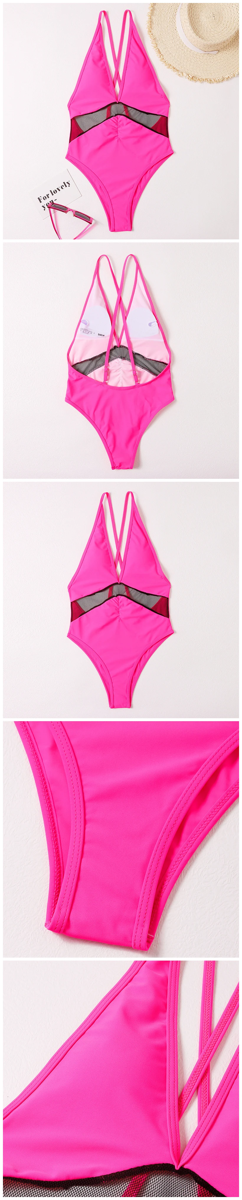 Hot Pink Sexy Girl Swimsuit Mesh See Through Patchwork Women V Neck Backless Micro Bikini Buy
