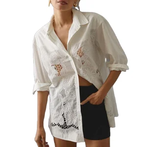 Custom High Quality Spring Autumn Causal   Long Sleeve Loose Blouses Top Elegant Beautiful Embroidery Casual Shirts