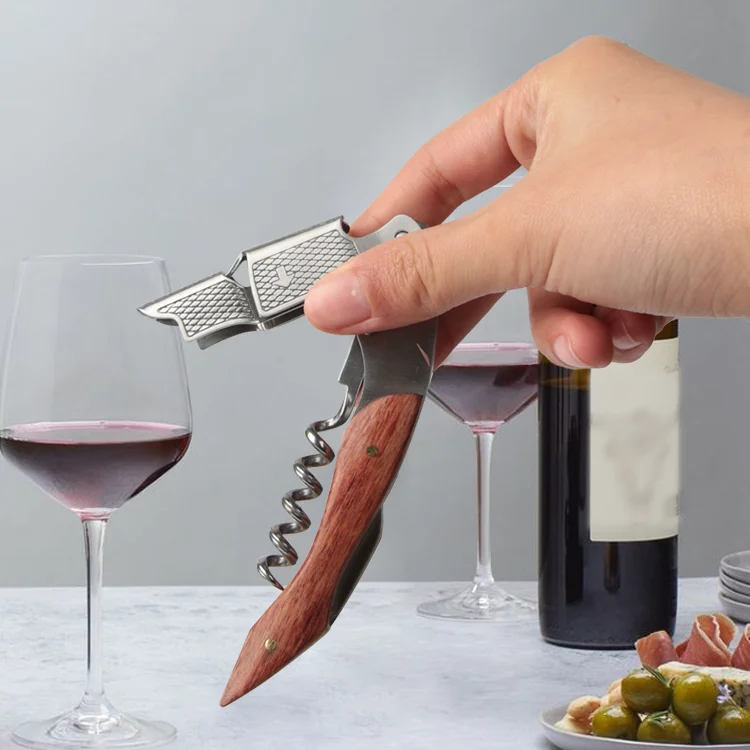 Multi-Functional 3-in-1 Pocket Wine Bottle Opener Tool Double Hinged Wood Handle Stainless Steel Folding Wine Corkscrew Opener