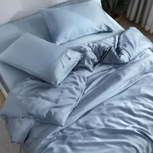 Silky Smooth Satin Style Bamboo Viscose Bed Sheet Set Duvet Cover Plain Dyed with Natural Bamboo Home Textiles in Bag Packaging