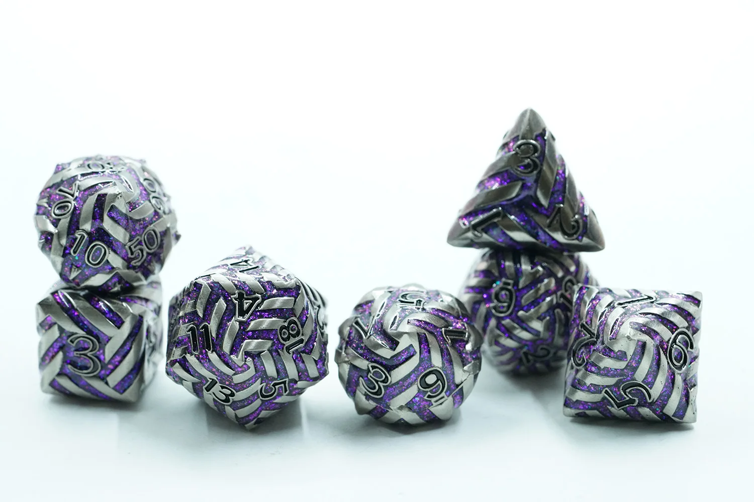 7pcs Polyhedral Metal Dice Set for DND Games Zinc Alloy with Purple Sparkling Mica Stripe and Black Number factory