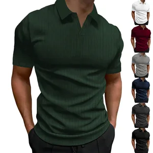 Summer Men's Lapel V-neck Vertical Stripe Short Sleeved Fashionable Casual Polo Shirt