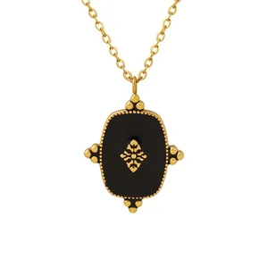 Vintage French Water Drop Charm Necklace Link Stainless Steel 14K Gold Plated Waterproof Black Enamel Teardrop Pendant Trendy