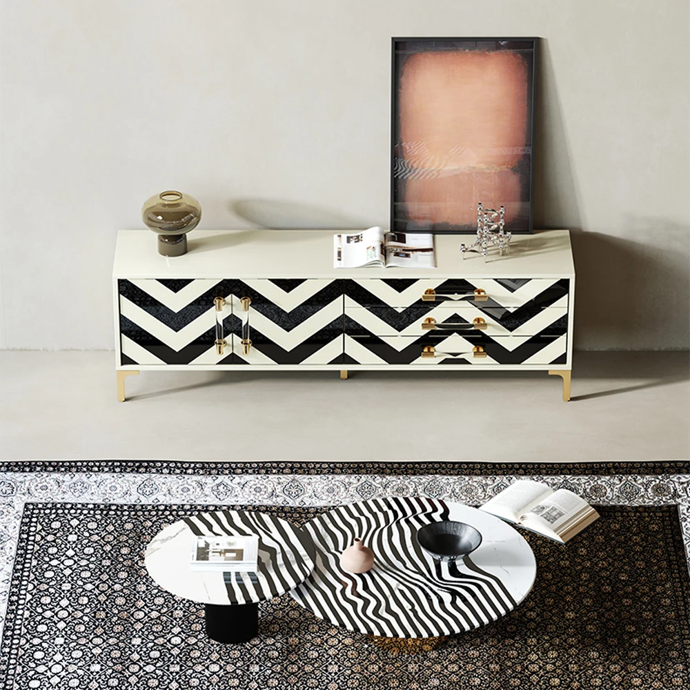 Modern New Design zebra Stripes Tv Stand and Tea Table Combination Meta Leg Sofa Coffee Table TV Console Cabinet Sets Pictures