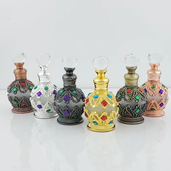 Hot Selling 15ml Middle East Dubai Metal Alloy Gem perfume Bottle Empty Glass Essential Oil Atal Bottle