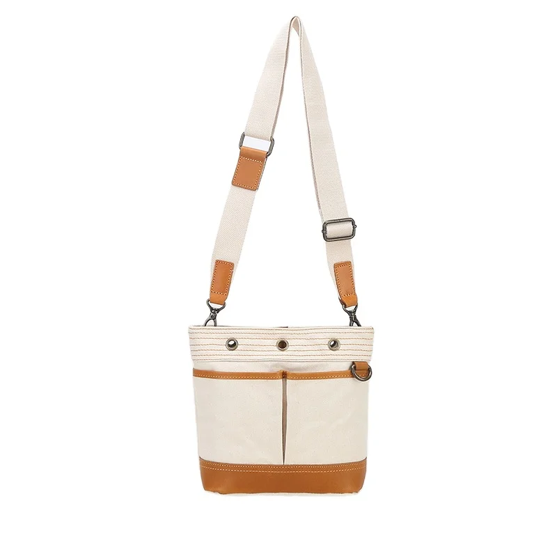 Casual messenger bag Canvas with leather bucket bag Women's small solid shoulder bag