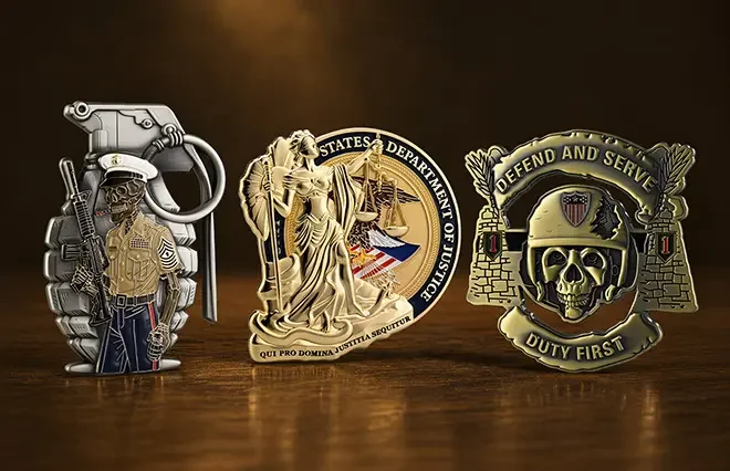 Custom 3D challenge coins with sculpted relief standing on display