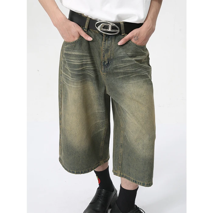 Pantaloni estivi dritti larghi da uomo, retrò, verdi, a gamba larga, drappeggiati, pantaloncini in denim corti, jeans larghi da uomo_voghion.com
