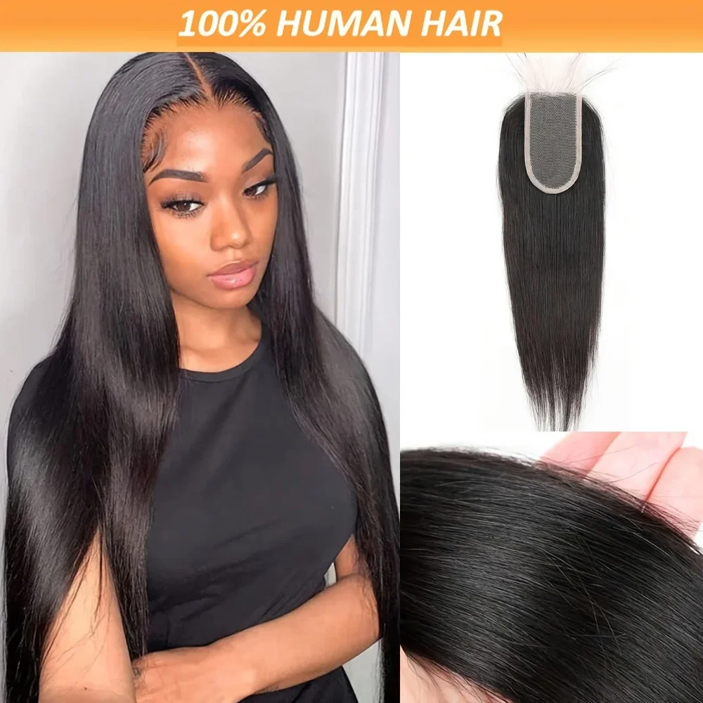 Straight Human Hair Lace Closure 2x4 Hand Tied Pre-plucked Baby Hairs Middle Part Natural Color Women_voghion.com